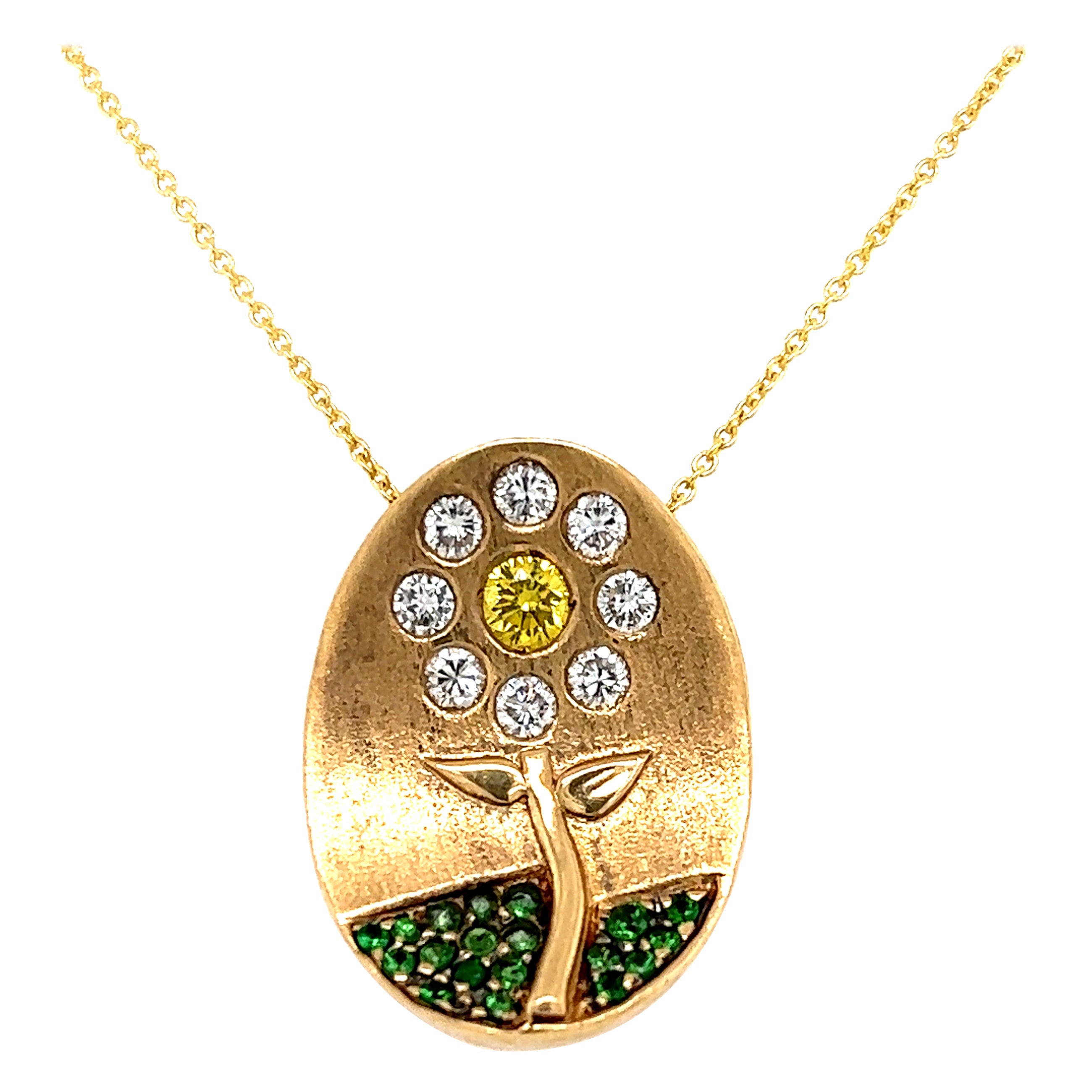 Pendentif fleur fantaisie en or 18 carats avec diamant jaune vif et diamant