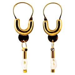 Art Deco Style Handcrafted Cultured Pearl Yellow Gold Drop Lever-Back Earrings
