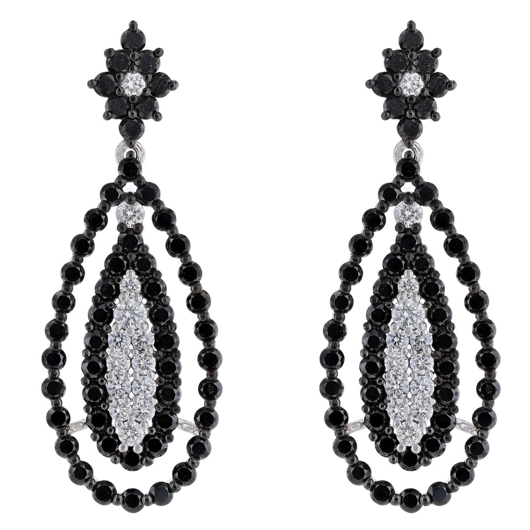 14K White Gold Black Diamond Teardrop Earrings, 5.01 Carat For Sale