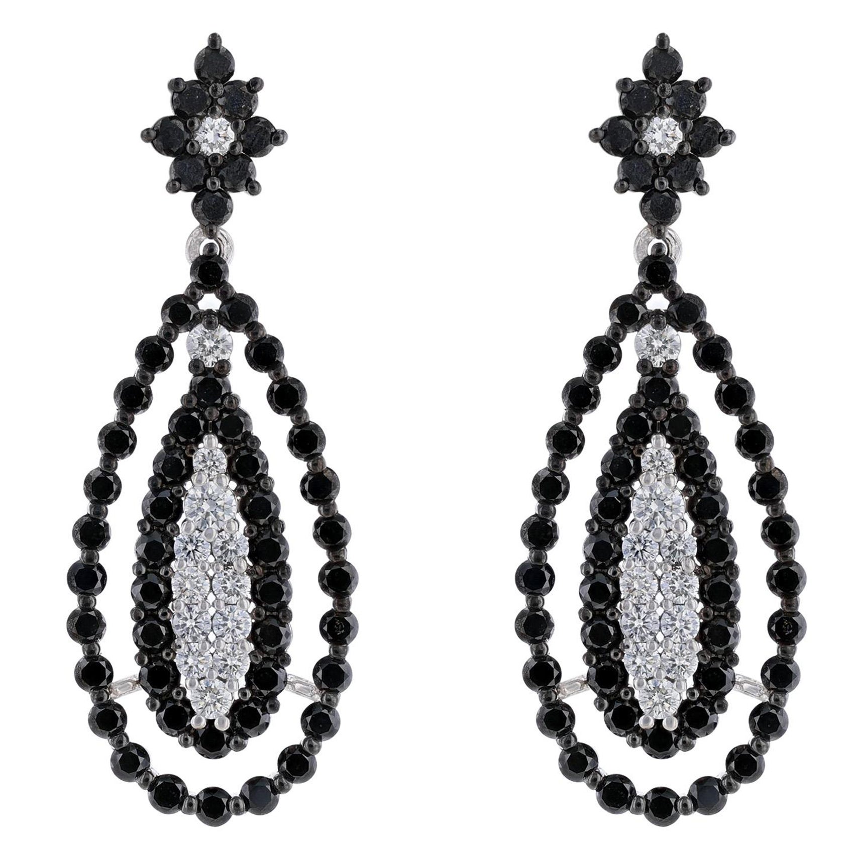 14K White Gold Black Diamond Teardrop Earrings, 5.01 Carat