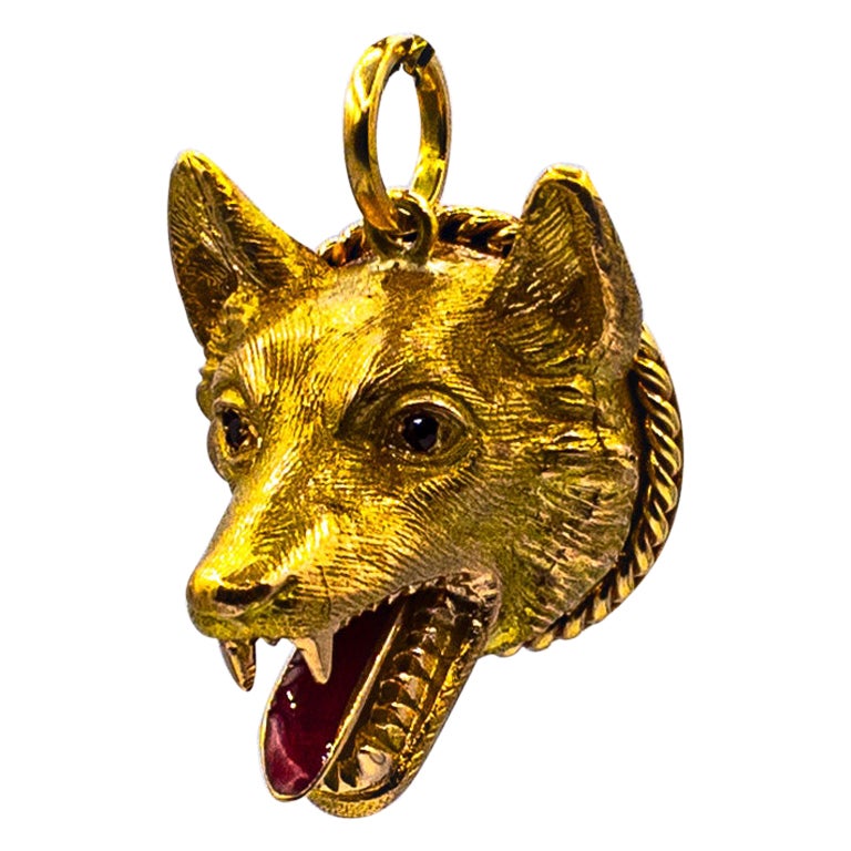 Art Nouveau Style Handcrafted Ruby Enamel Yellow Gold "Capitoline Wolf" Pendant