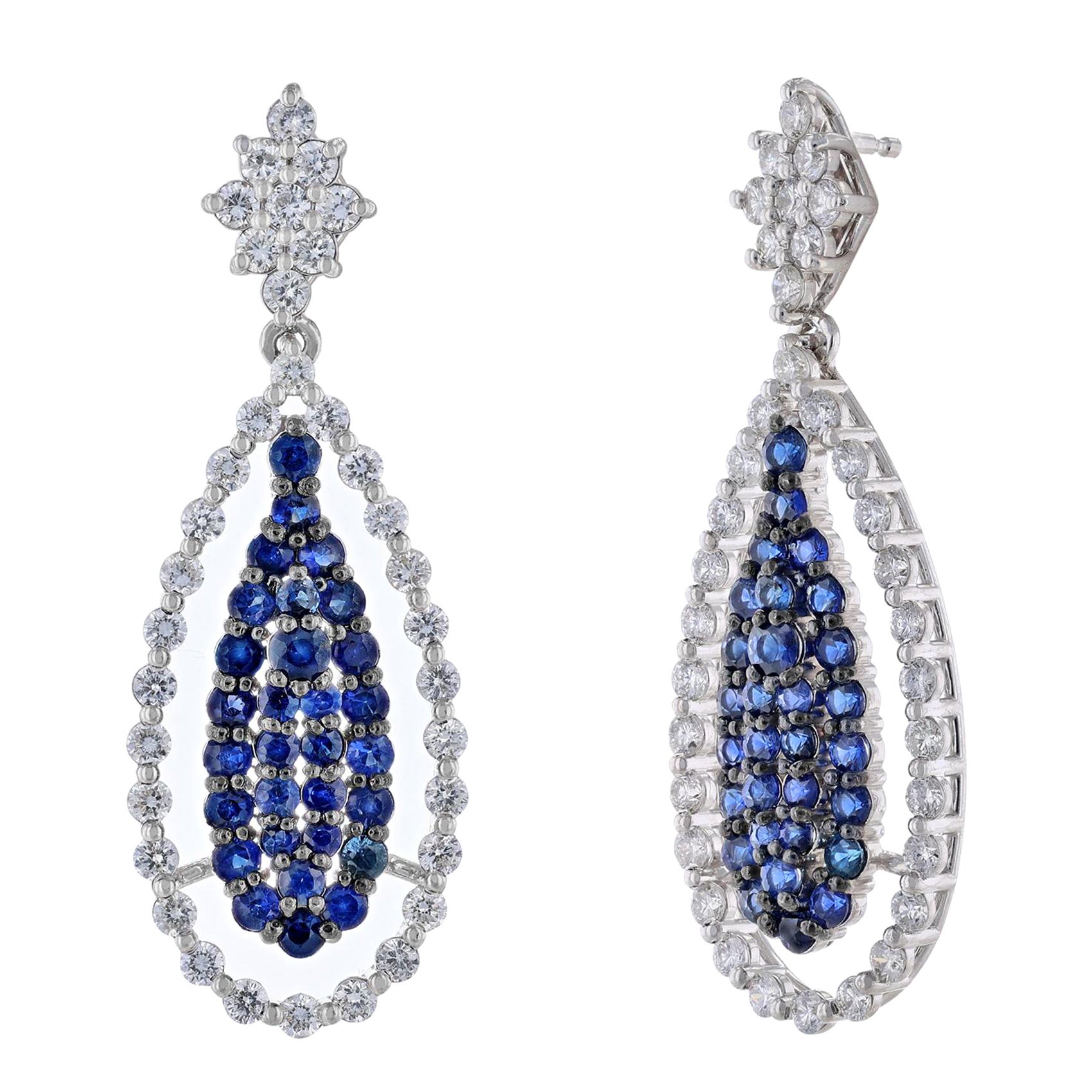 14K White Gold Blue Sapphire Diamond Teardrop Earrings, 4.36 Carat For Sale