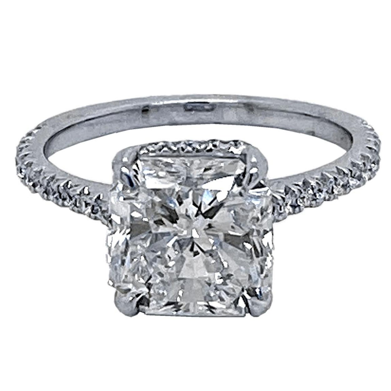 GIA 3.00 Ct F/SI1 Radiant Diamond French Pave Set Engagement Ring with Hidd Halo For Sale