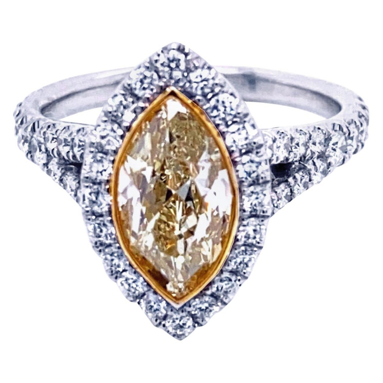 1.5 Carat Yellow MQ Diamond in Pave Set 18 Karat Split Shank Ring with Halo For Sale