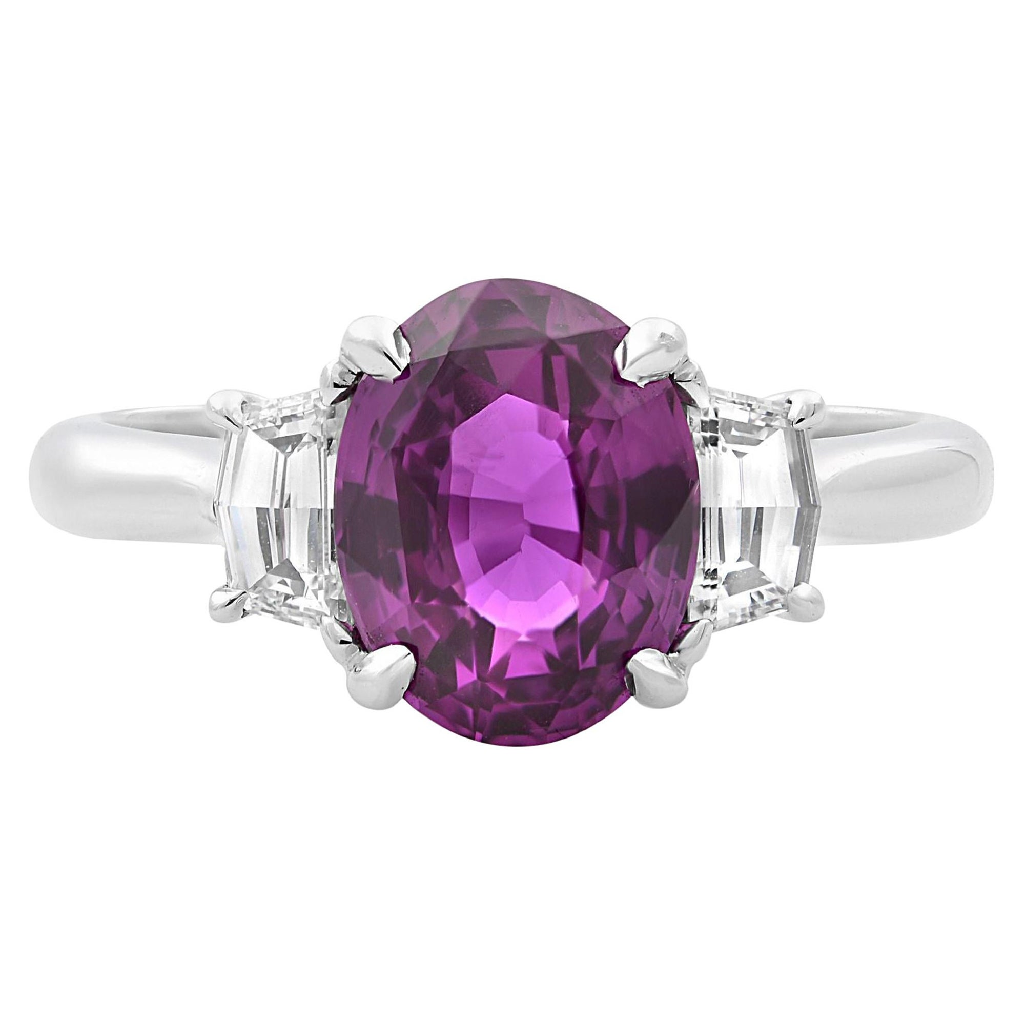 2.61cts Oval Pink Sapphire & Diamond Three Stone Engagement Ring 18K White Gold For Sale