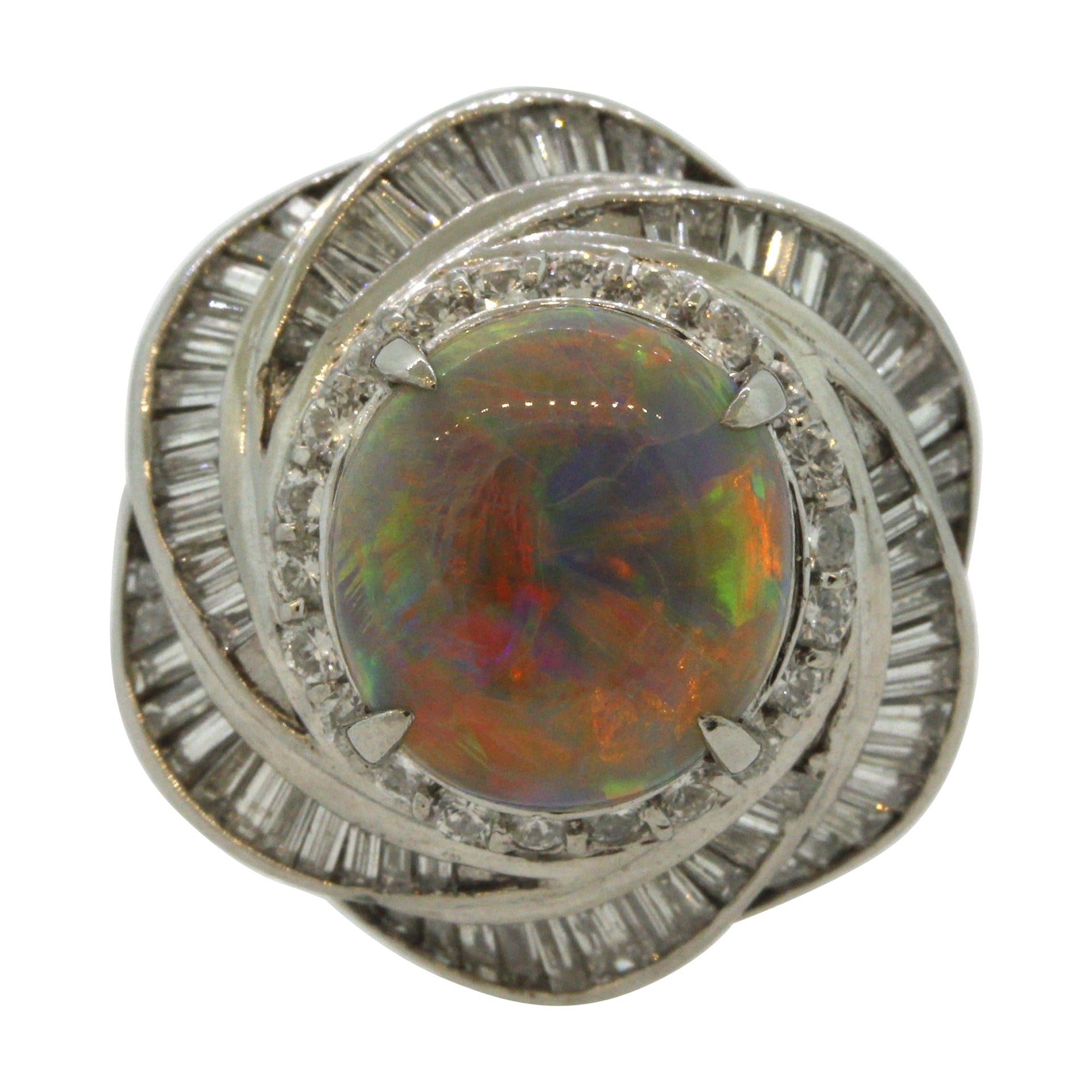 Fine Australian Opal Diamond Spiral Platinum Ring For Sale