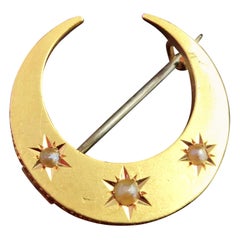 Antique Victorian Crescent Moon Brooch, 15k Gold and Split Pearl