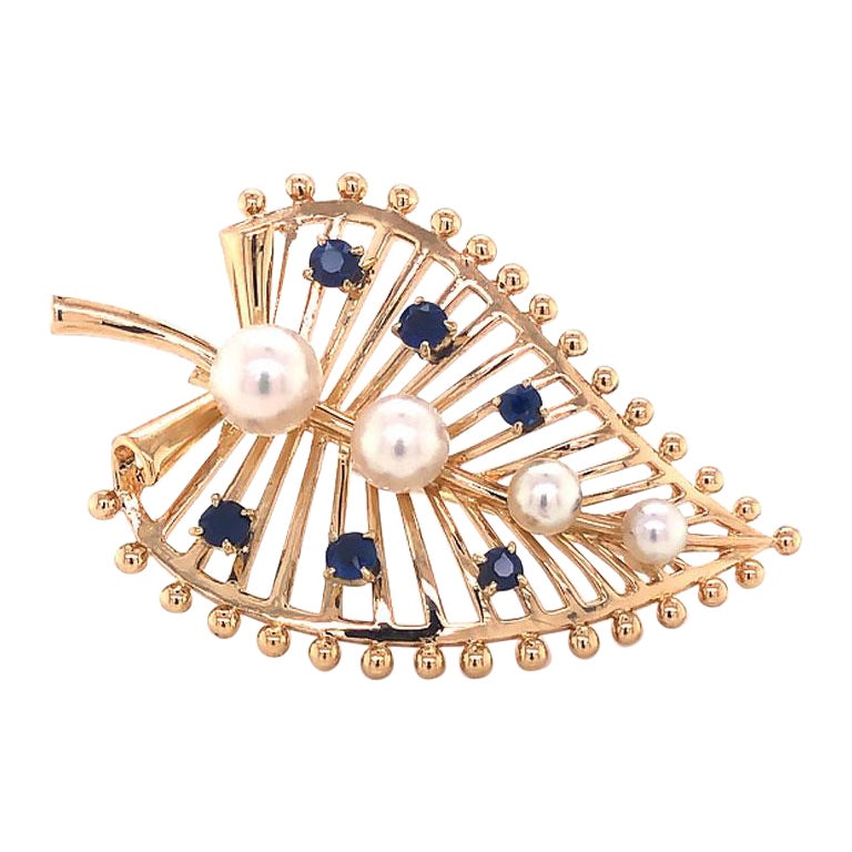 Mikimoto Pearl and Blue Sapphire Leaf Brooch in 14k Yellow Gold For Sale