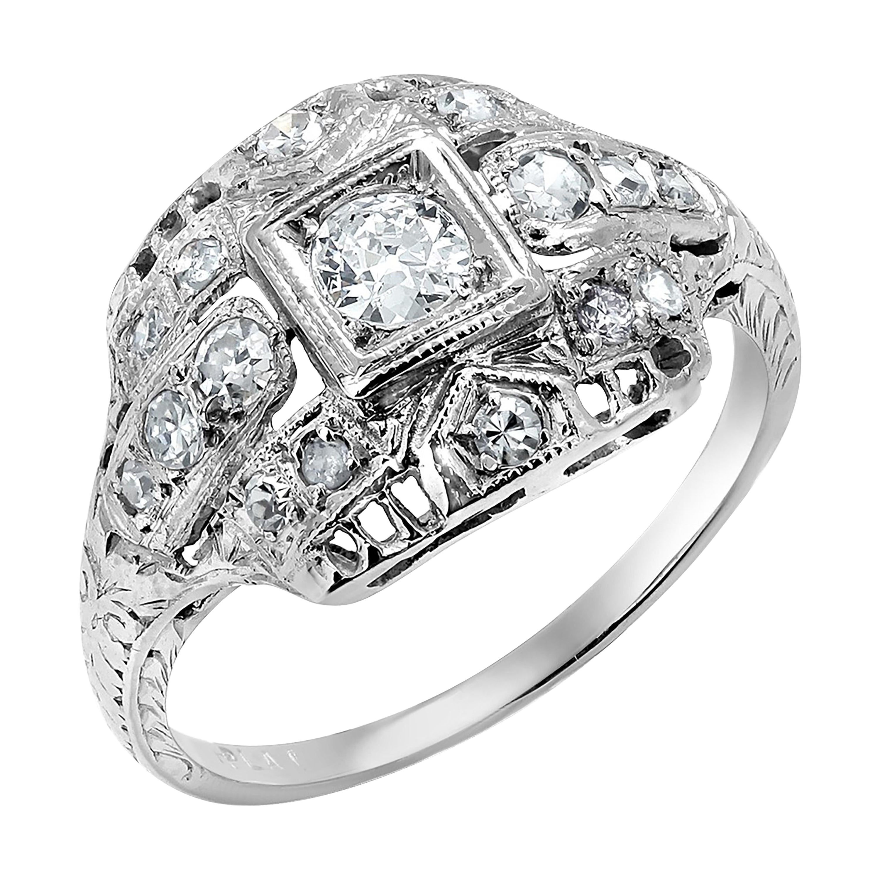 Platinum Diamond Art Deco Filigree Cocktail Ring