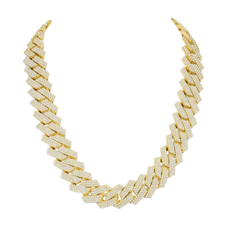 14k Miami Cuban Natural Diamond Necklace, Yellow Gold For Sale