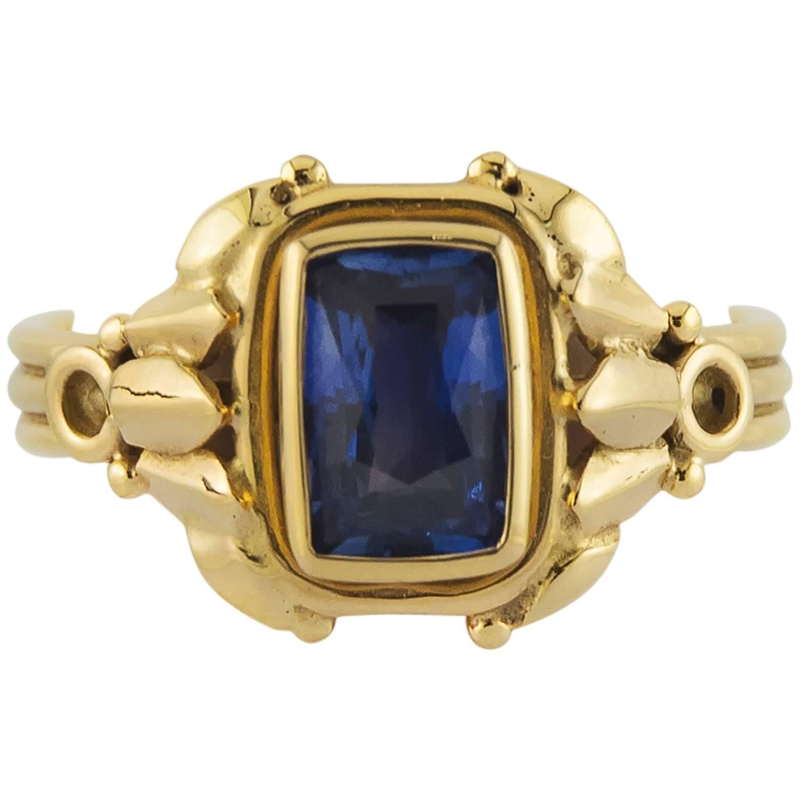 Rectangle Cushion Shape Intricately Detailed Sapphire Gold Ring
