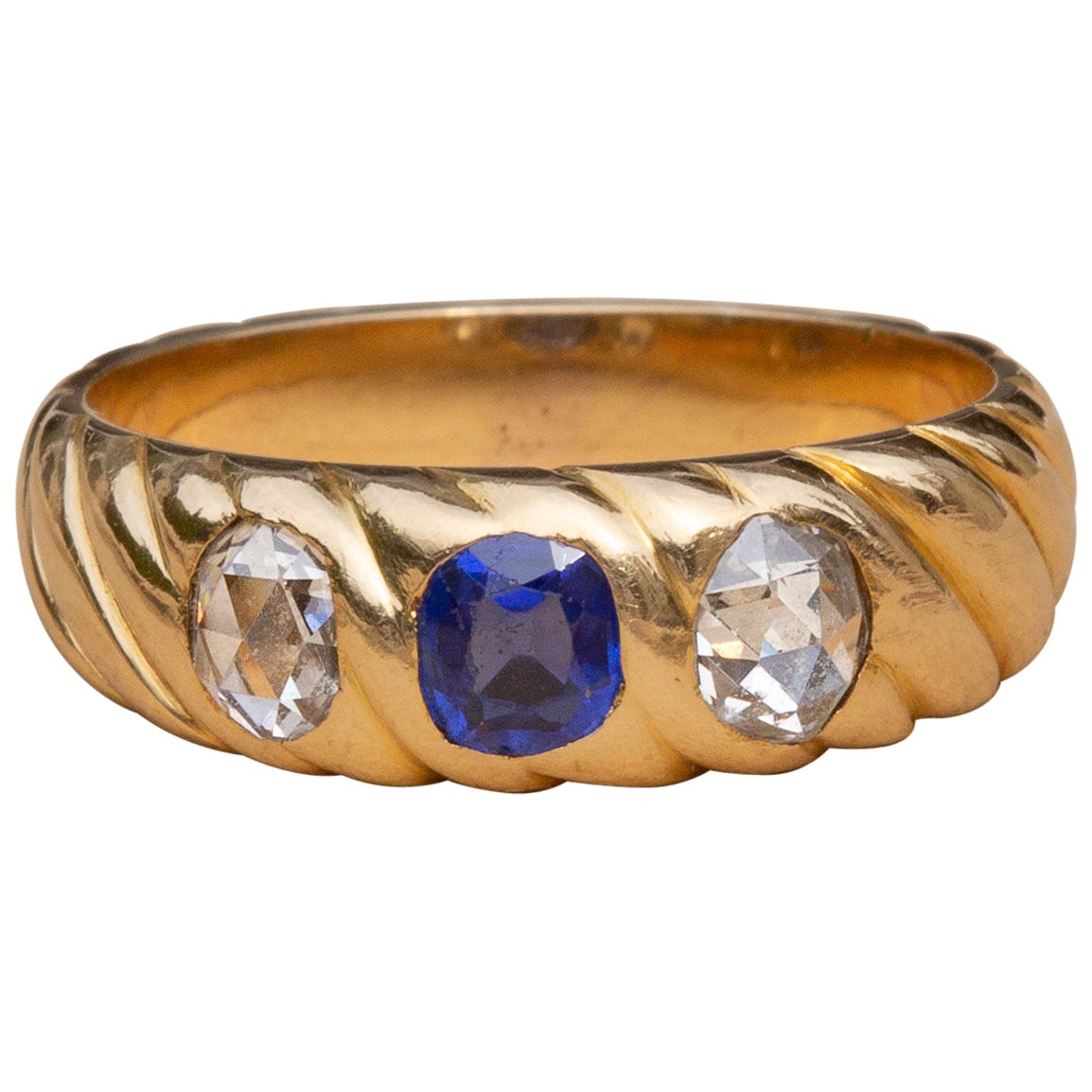 French Victorian 18K Gold Sapphire and Diamond Trilogy Ring