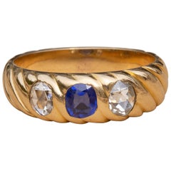 French Victorian 18K Gold Sapphire and Diamond Trilogy Ring