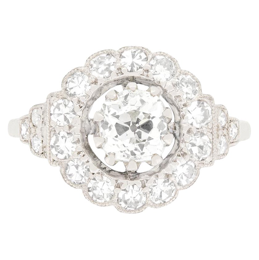 Art Deco 0.88ct Diamond Halo Ring, c.1920s For Sale