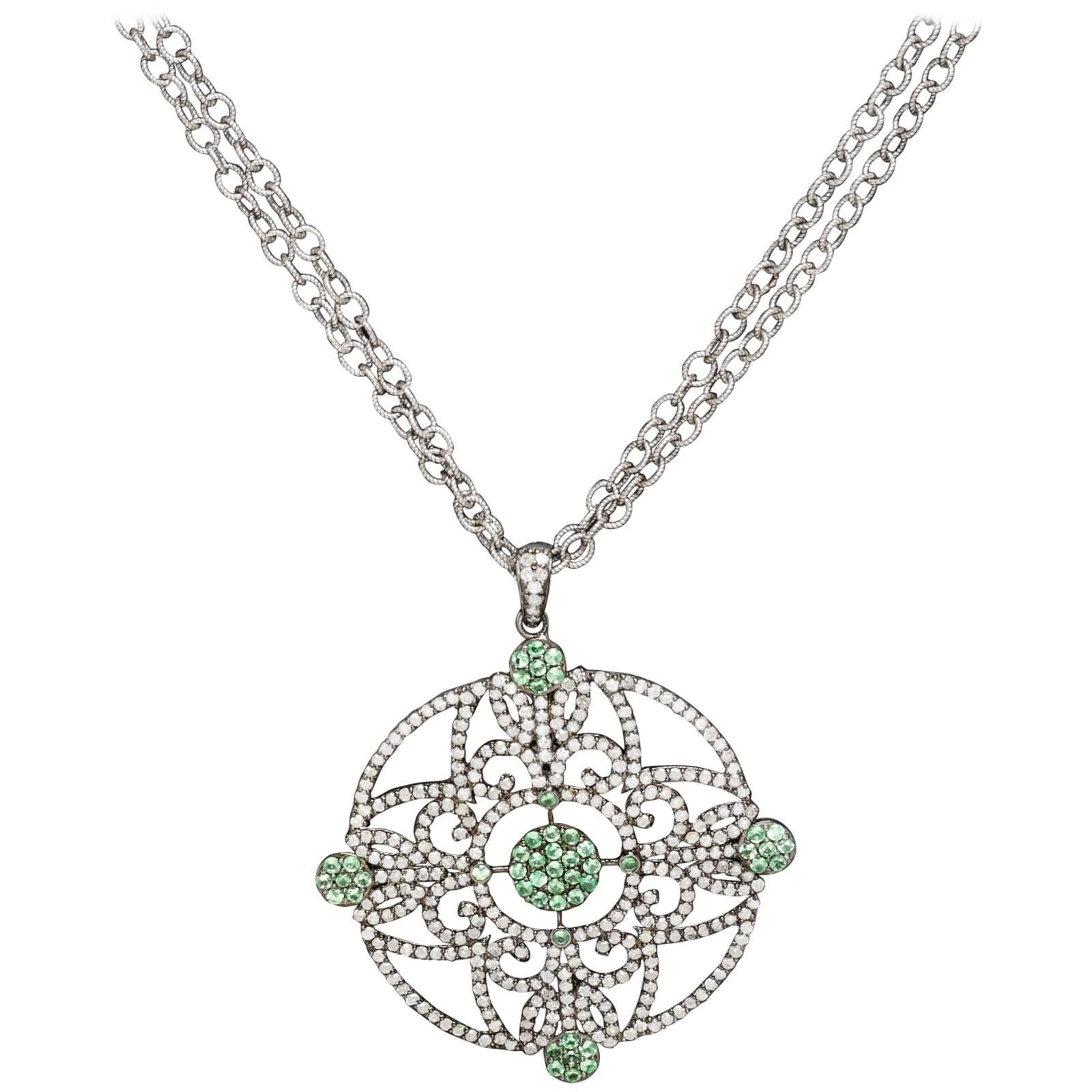Julia Post Emerald Diamond Sterling Silver Pendant Necklace For Sale