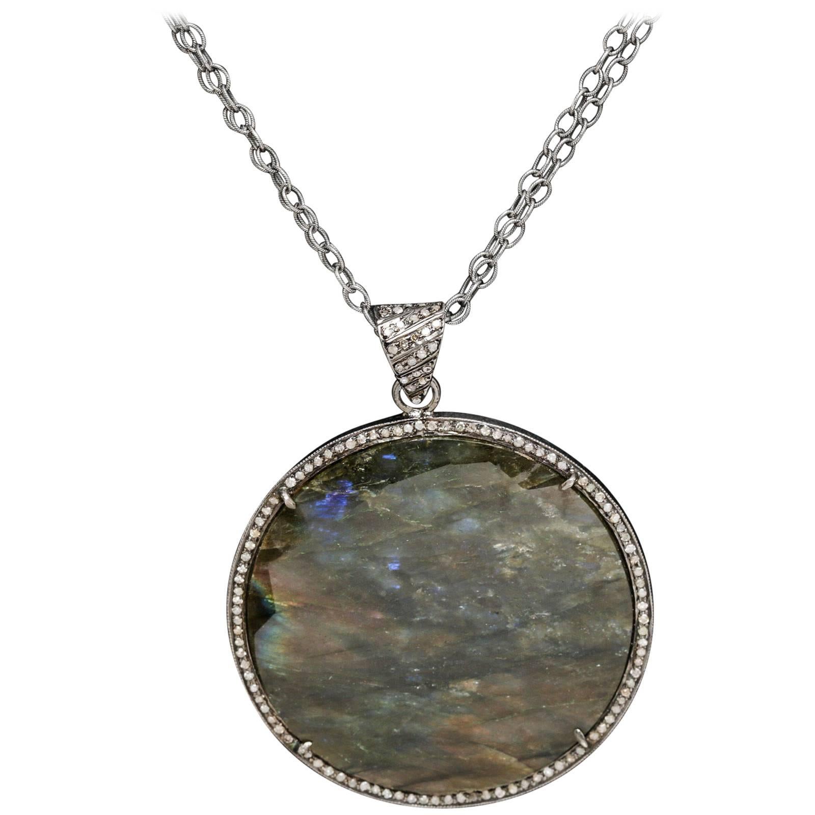 Julia Post Diamond Sterling Silver Trim Pendant Necklace For Sale