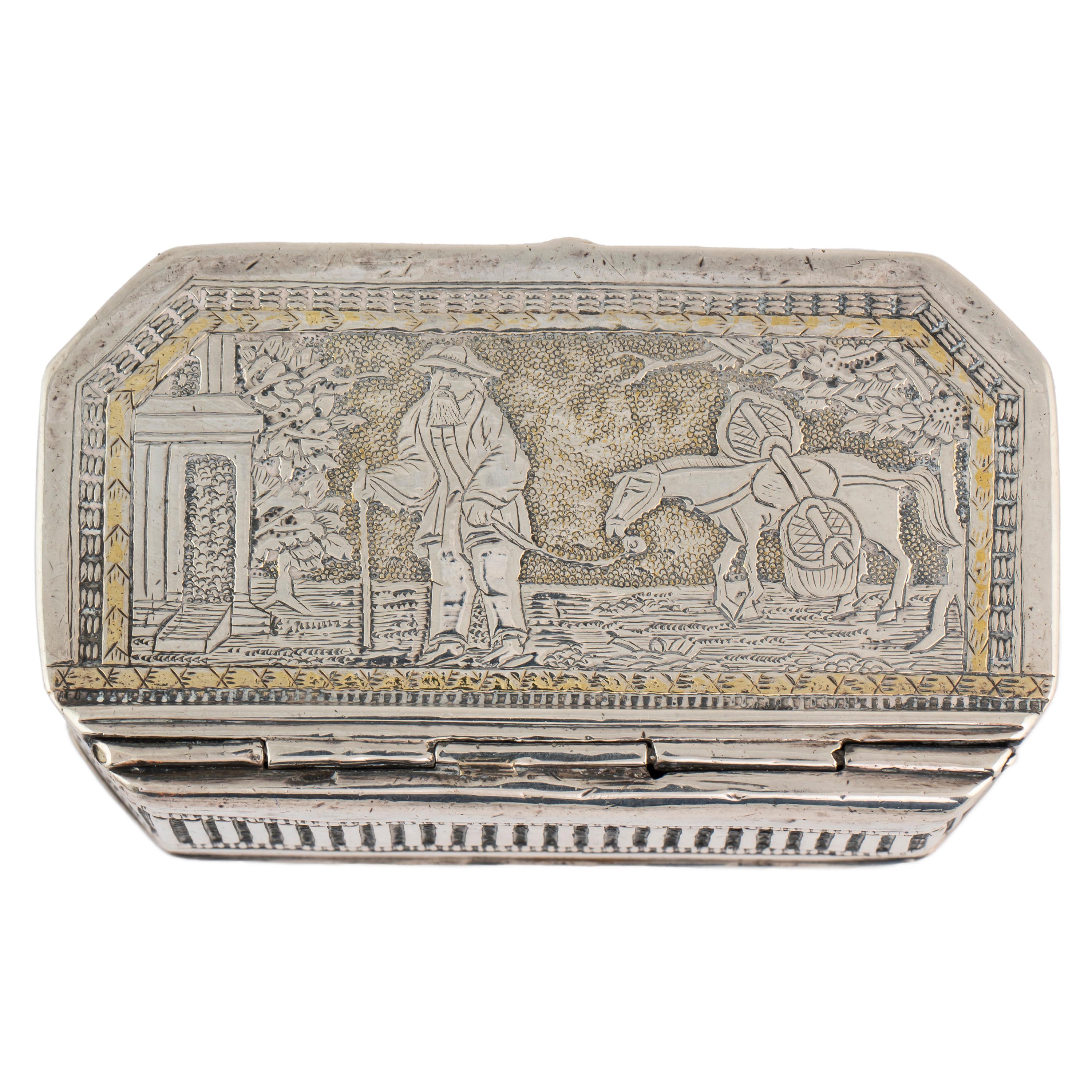Scatola portagioie in argento con scena cinese, fine XIX-inizio XX secolo