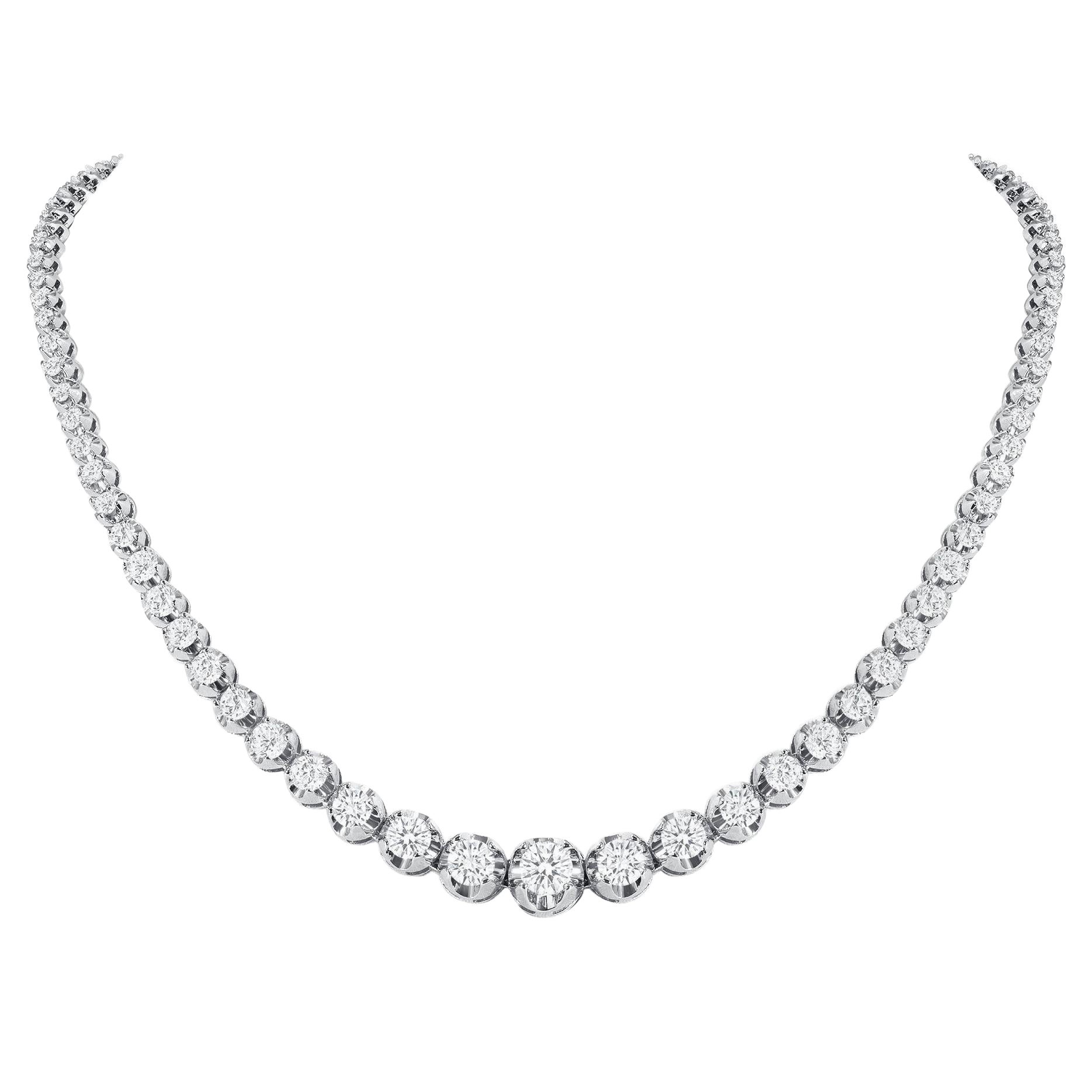 14k White Gold 5 Carat Graduated Diamond Tennis Necklace Illusion Setting For Sale