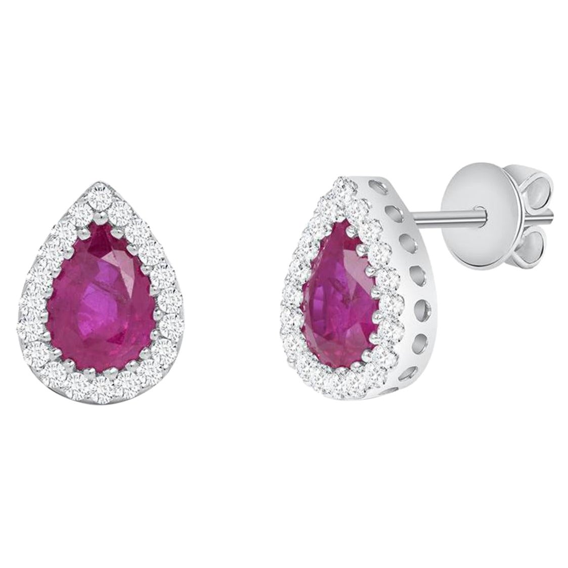 1.90 Ct Natural Ruby 0.30 Ct Diamonds 18K White Gold Tear Drop Stud Earrings For Sale