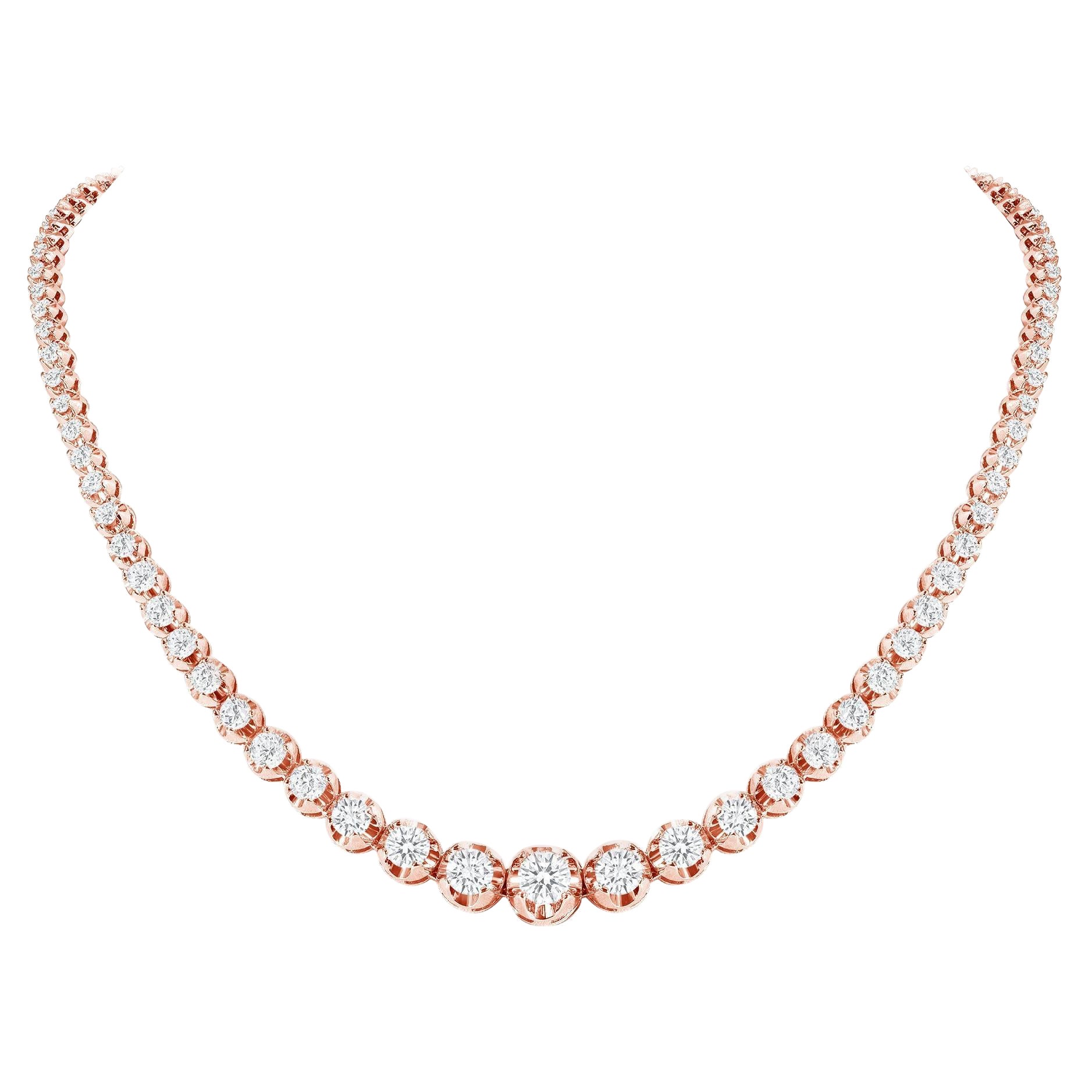 14k Rose Gold 5 Carat Graduated Diamond Tennis Necklace Illusion Setting For Sale