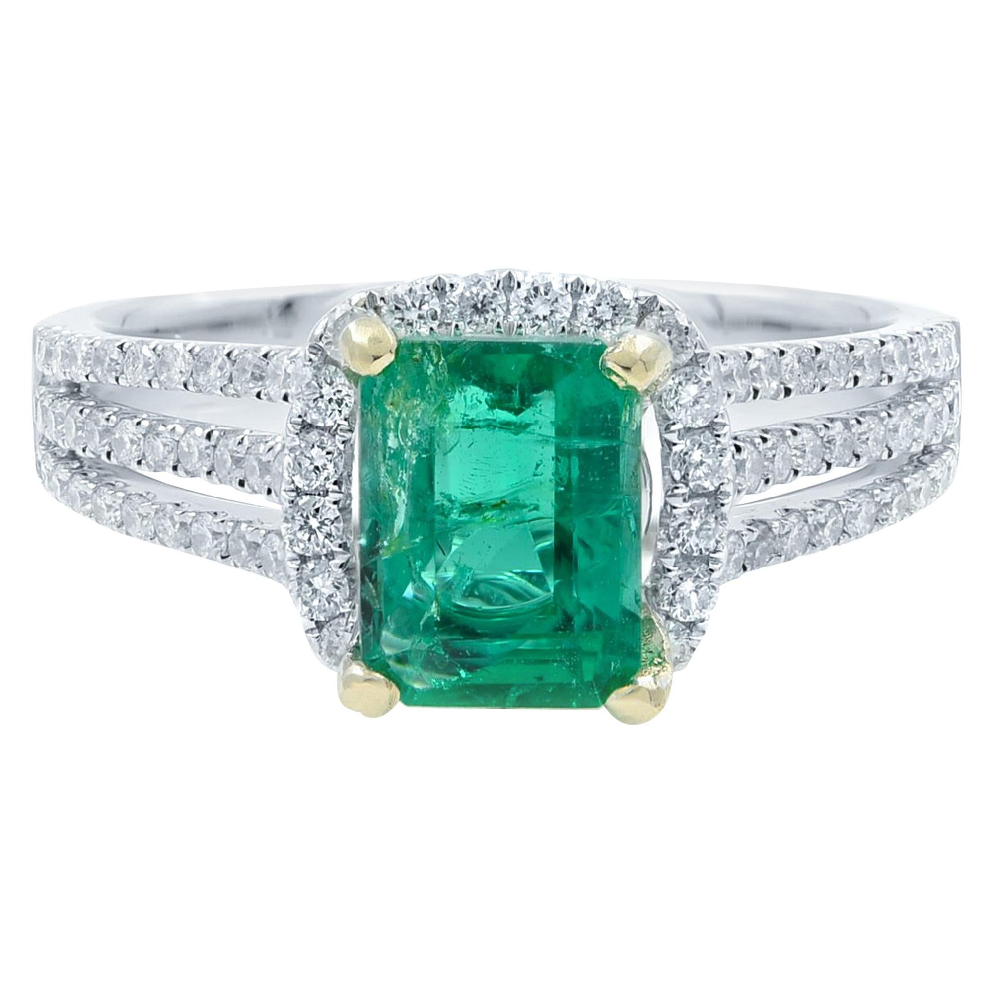 Green Emerald 1.00 Cttw and Diamond 0.65 Cttw Halo Ring 18K White Gold For Sale