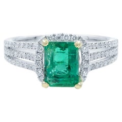 Green Emerald 1.00 Cttw and Diamond 0.65 Cttw Halo Ring 18K White Gold