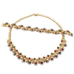 1960s Boucheron Sapphire Ruby Emerald Diamond Gold Necklace and Bracelet Set