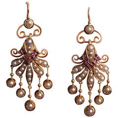Antique French Pearl Ruby Black Enamel Gold Earrings