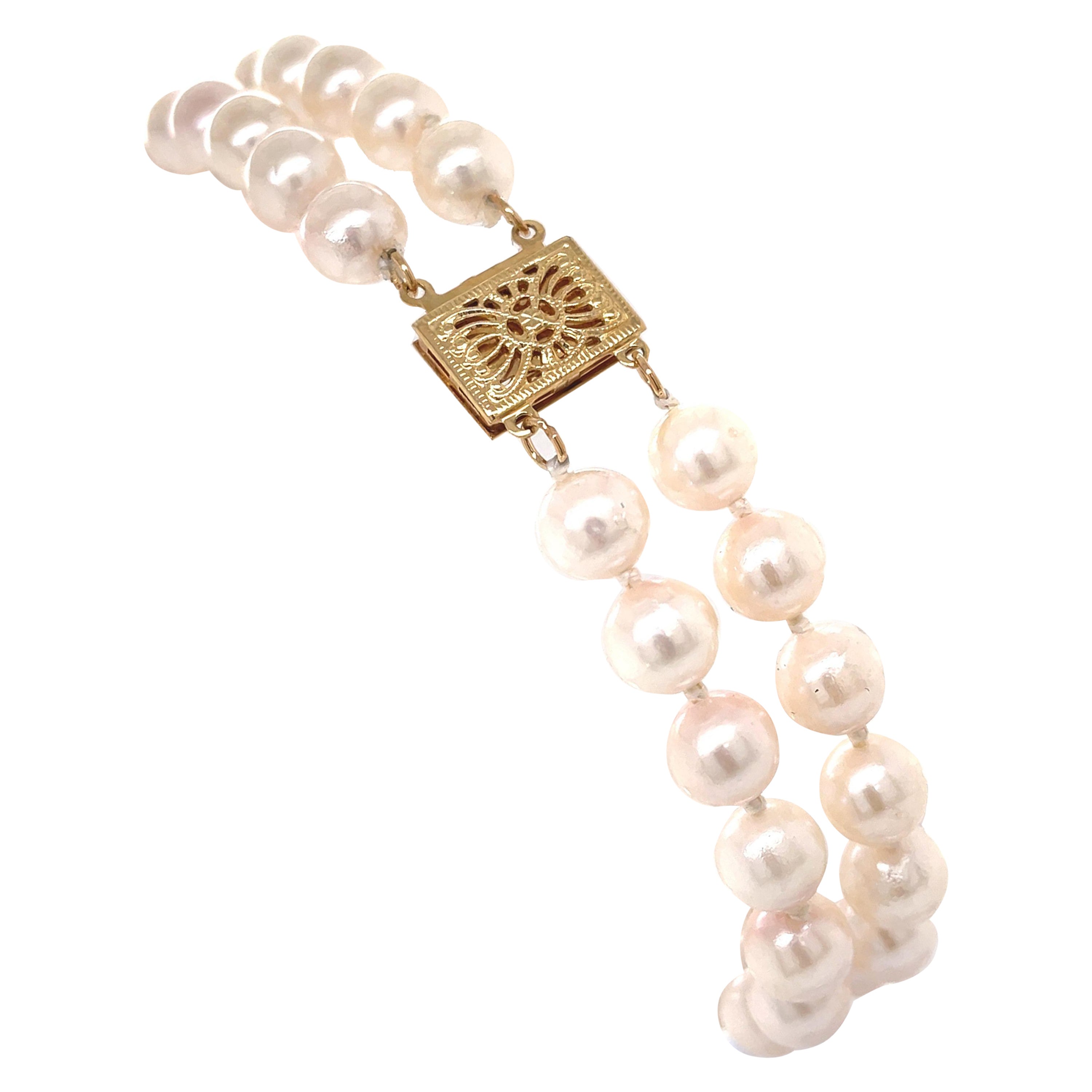Pearl Double Strand Bracelet w Decorative 14K Yellow Gold Filigree Clasp For Sale