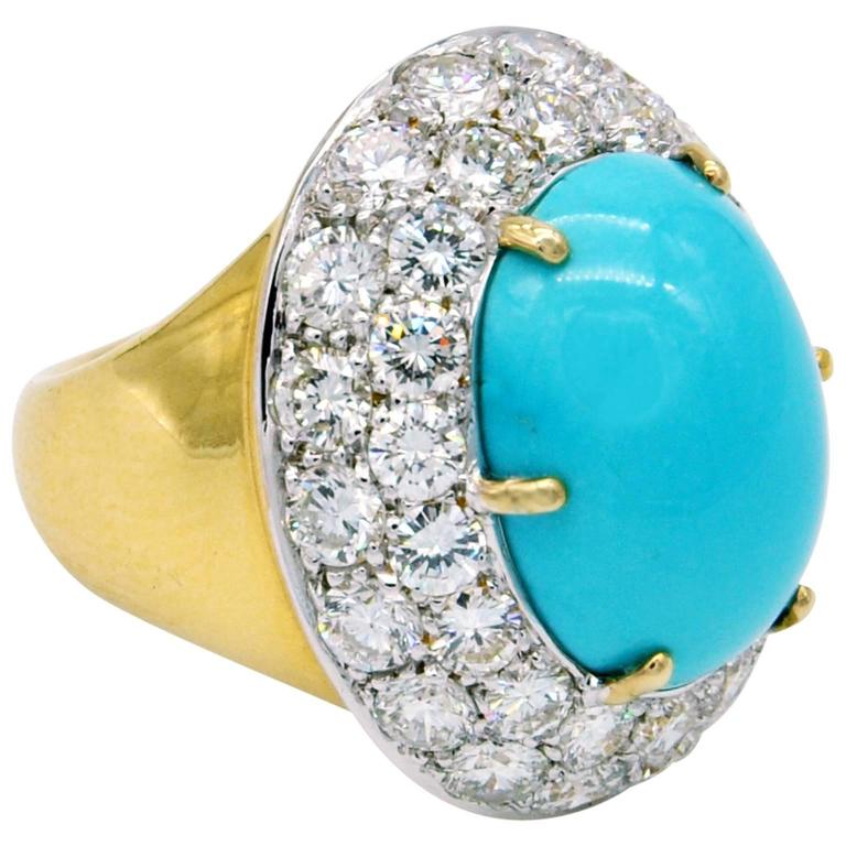 Large Turquoise Diamond Gold Cocktail Ring For Sale at 1stDibs