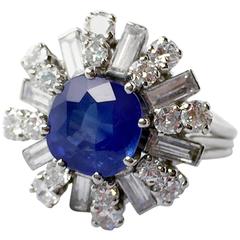 Natural Sapphire Round and Baguette Diamonds Platinum Cluster Ring