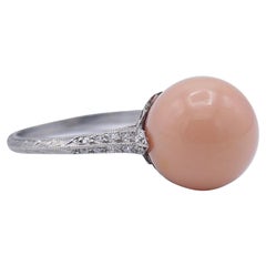 Art Deco Diamond Platinum Ring with Natural Saltwater Pearl GIA Estate Jewelry
