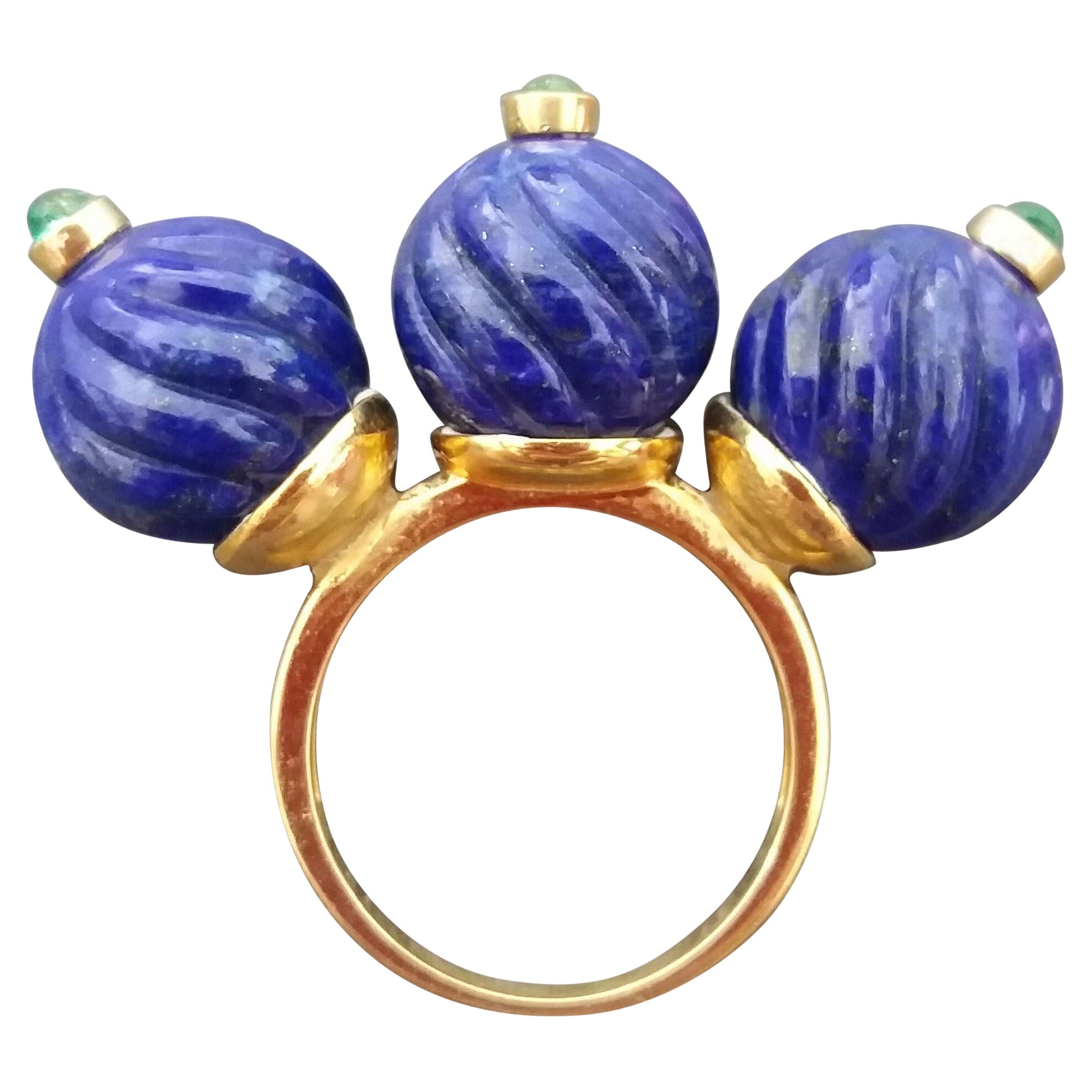 Three Carved Lapis Lazuli Beads Emerald Round Cabs 14K Yellow Gold Cocktail Ring For Sale