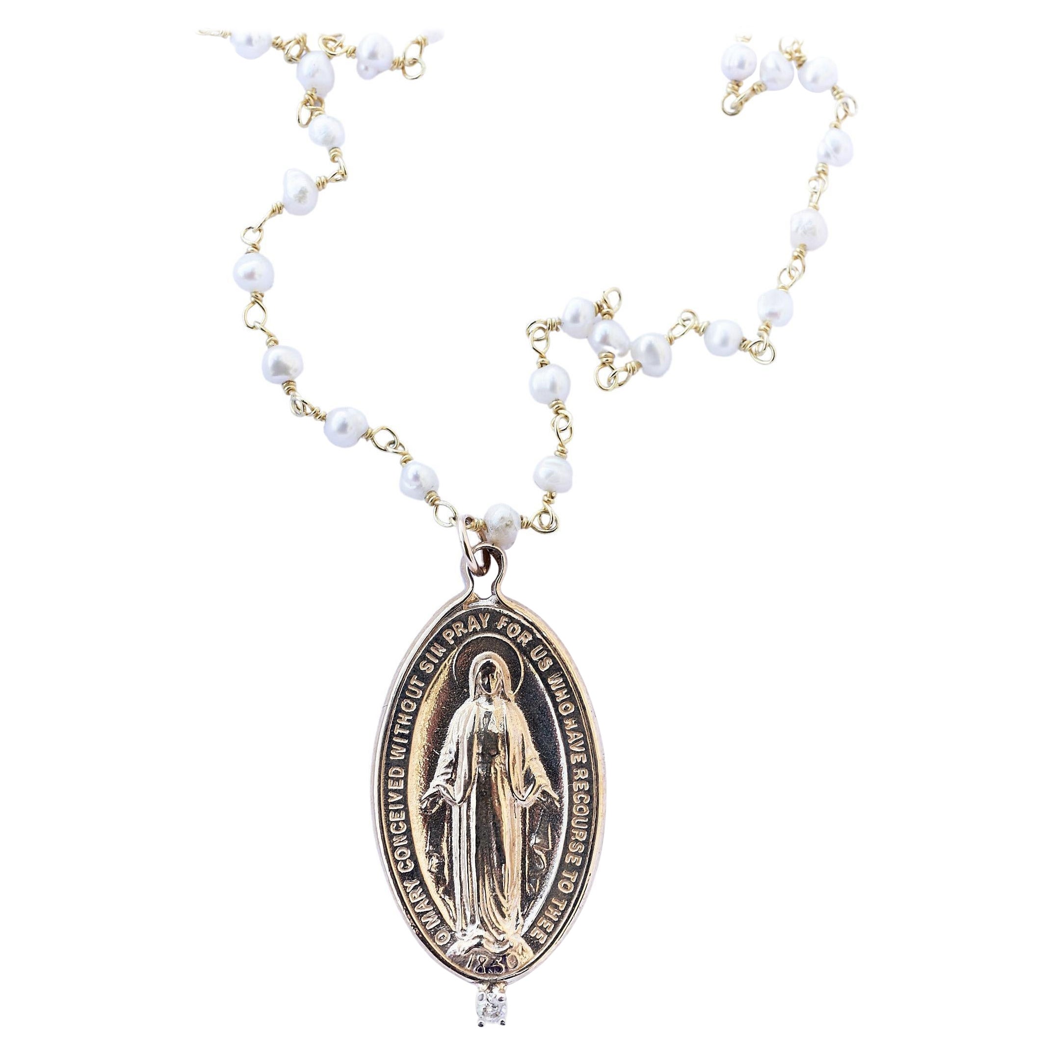 White Diamond Virgin Mary Medal Pearl Chain Necklace J Dauphin For Sale