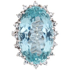 20ct Aquamarine Diamond Ring Vintage Large Oval Cocktail Jewelry 18k White Gold