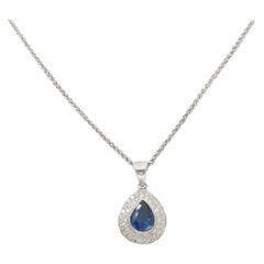 Vintage Blue Sapphire & Diamond Halo Pendant Necklace in 18k