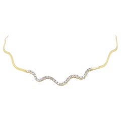 Retro Diamond Wave Omega Necklace in 14k Yellow Gold