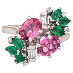 French Pink Tourmaline Emerald Diamond Cluster Ring Vintage 18k White Gold 6.25