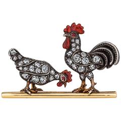 Edwardian Diamond Silver Gold Rooster and Hen Brooch