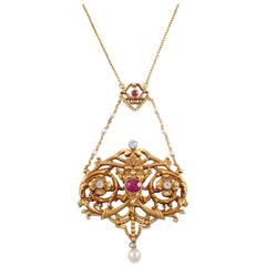French Art Nouveau Pearl Ruby Diamond Gold Pendant 