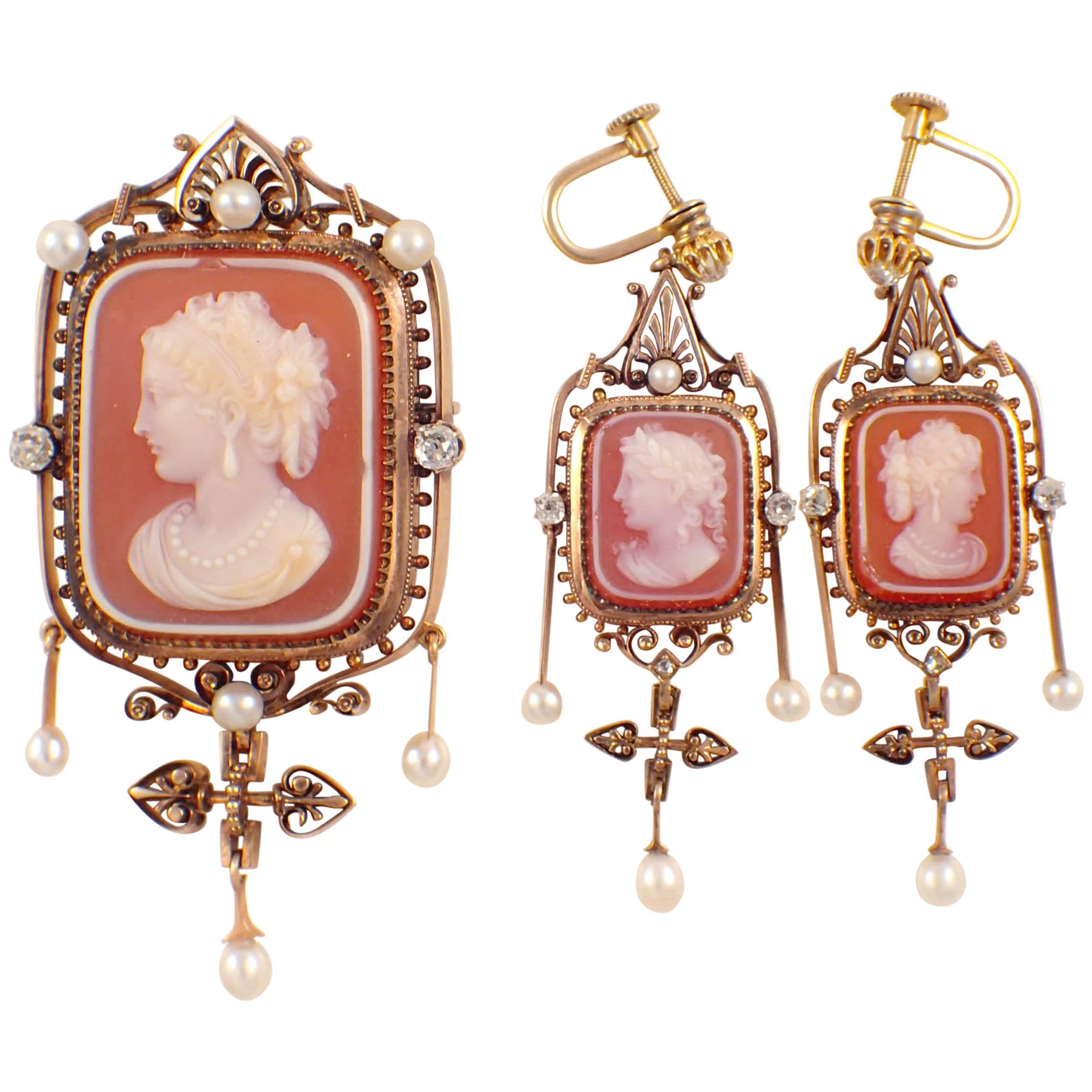 Victorian Cameo Diamond Gold Brooch and Earring Set  For Sale