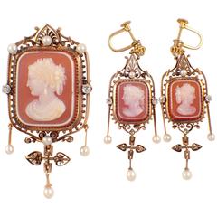 Victorian Cameo Diamond Gold Brooch and Earring Set 