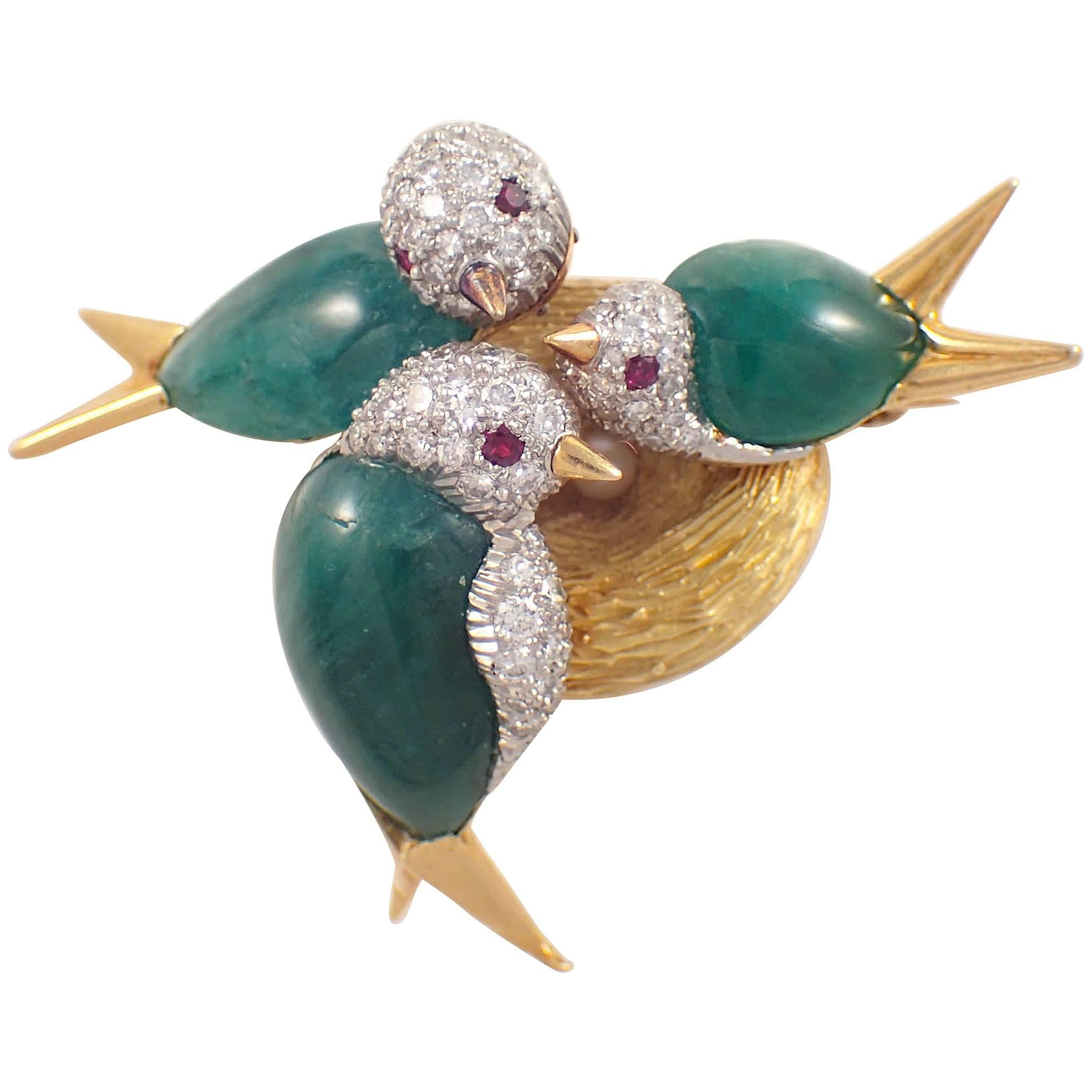1930s Ruby Emerald Diamond Gold Platinum Bird Brooch For Sale