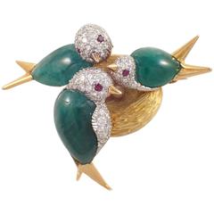 1930s Ruby Emerald Diamond Gold Platinum Bird Brooch