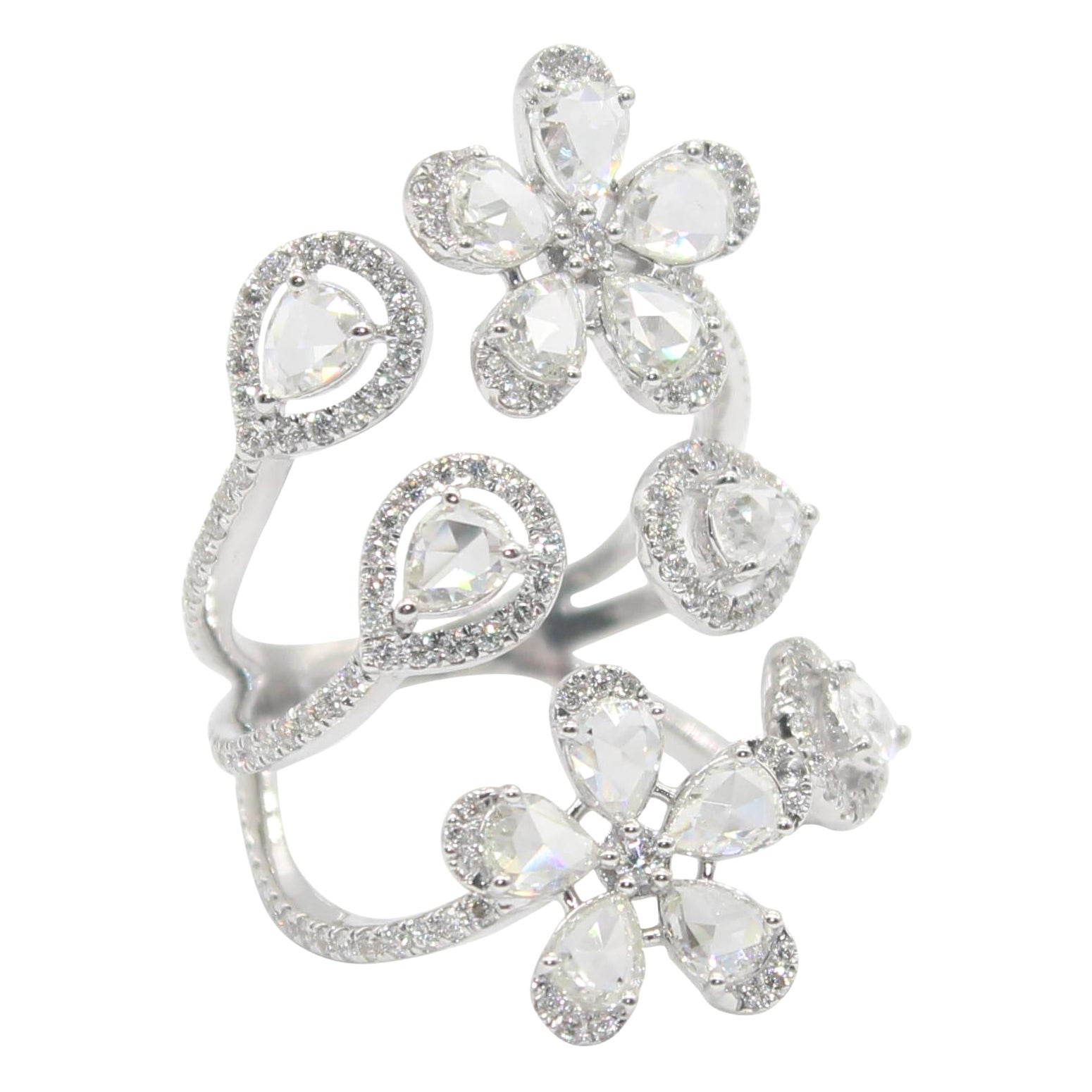 PANIM 2.65 Carat Pear Shape Diamond Rosecut 18K White Gold Floral Ring For Sale