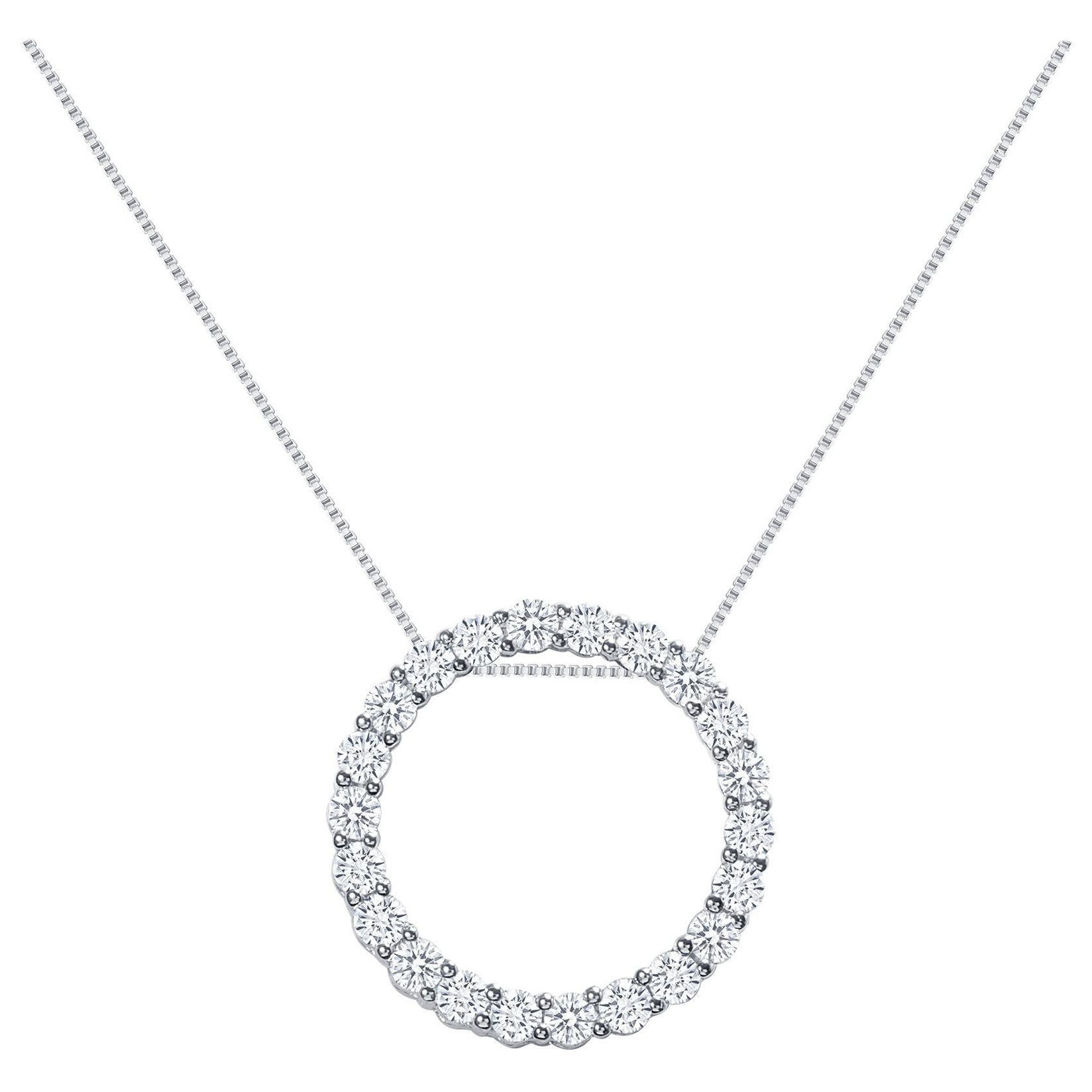 2 Carats 14k White Gold Natural Round Diamonds Circle Pendant Necklace For Sale