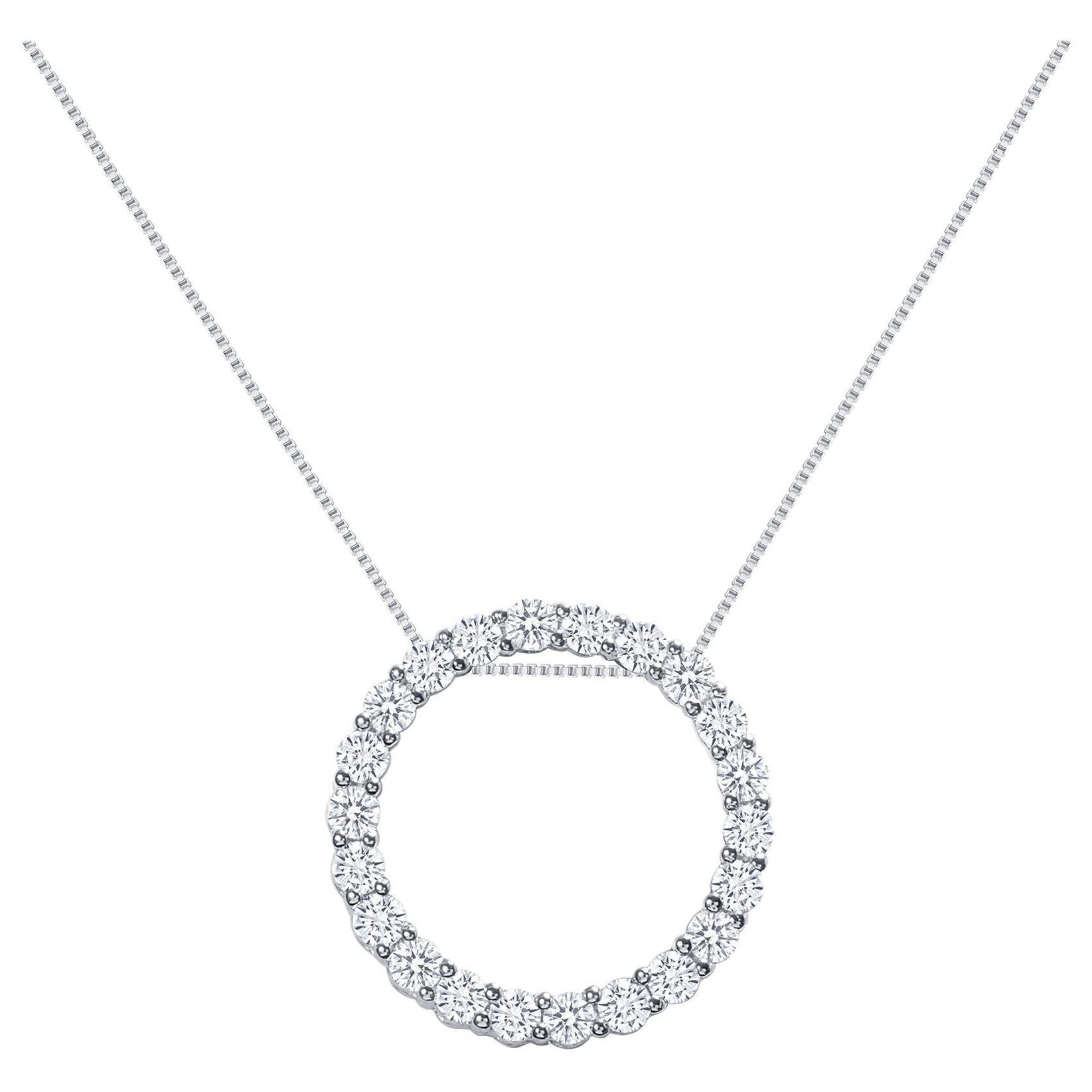 3 Carats 14k White Gold Natural Round Diamonds Circle Pendant Necklace For Sale
