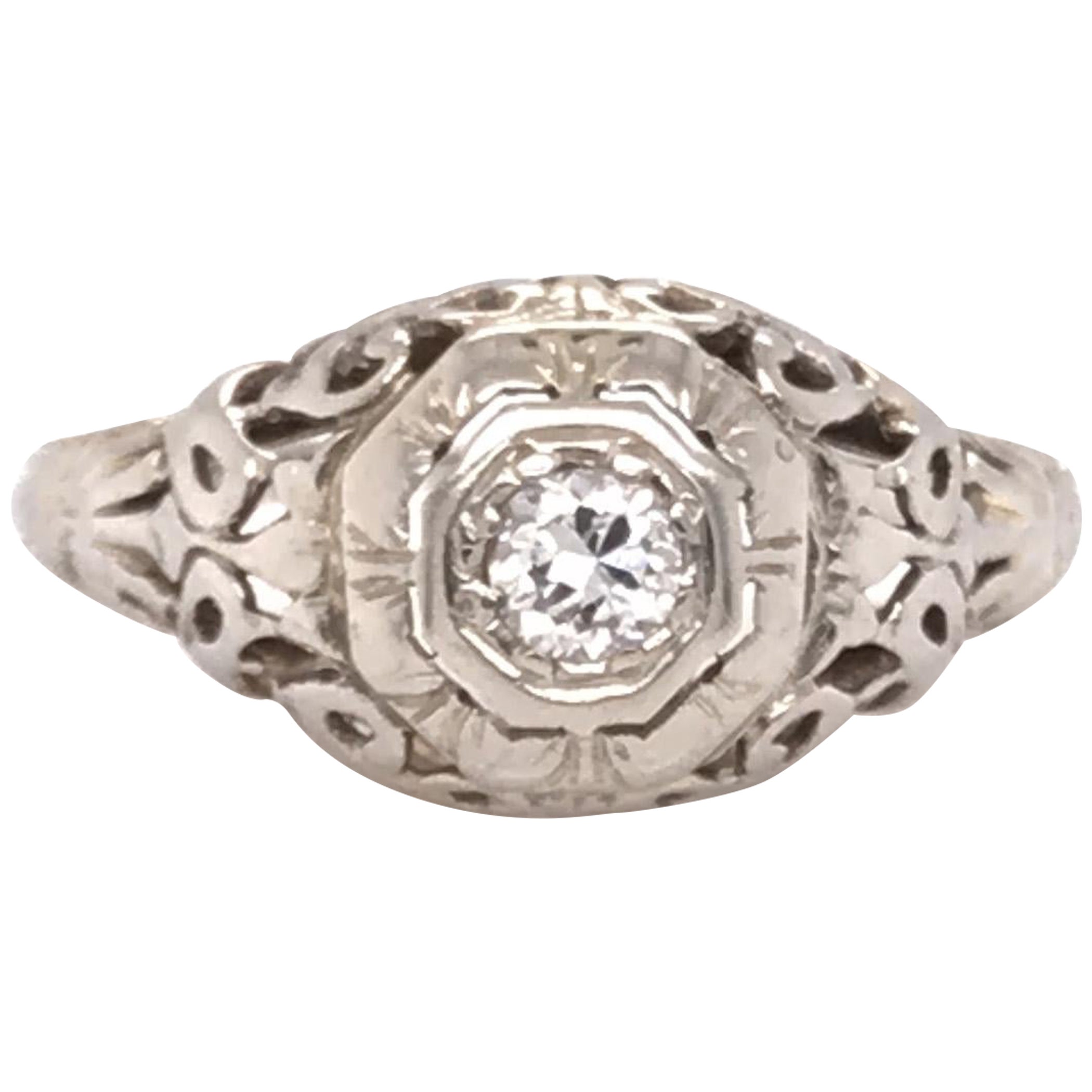 Art Deco Diamond Engagement Ring .12ct Old European Original 1920's Antique 18K For Sale