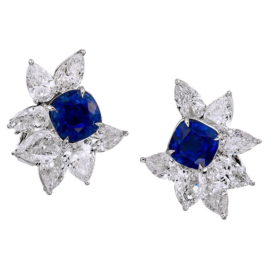 Spectra Fine Jewelry, Certified Kashmir Sapphire Diamond Cluster Earrings For Sale