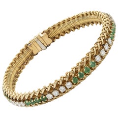 18 Karat Yellow Gold Vintage Emerald and Diamond Inline Bracelet